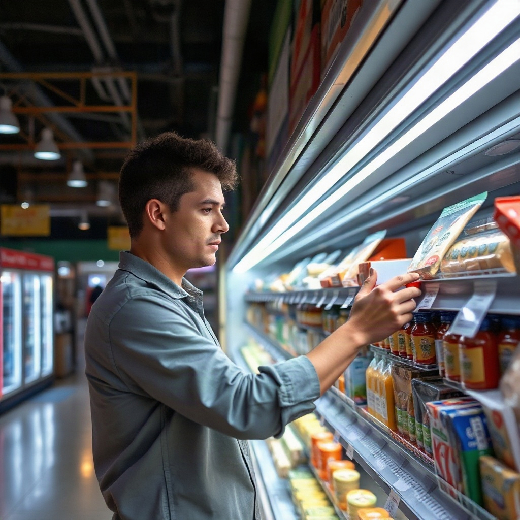 Night shift clerk arranging shelves in a convenience store
